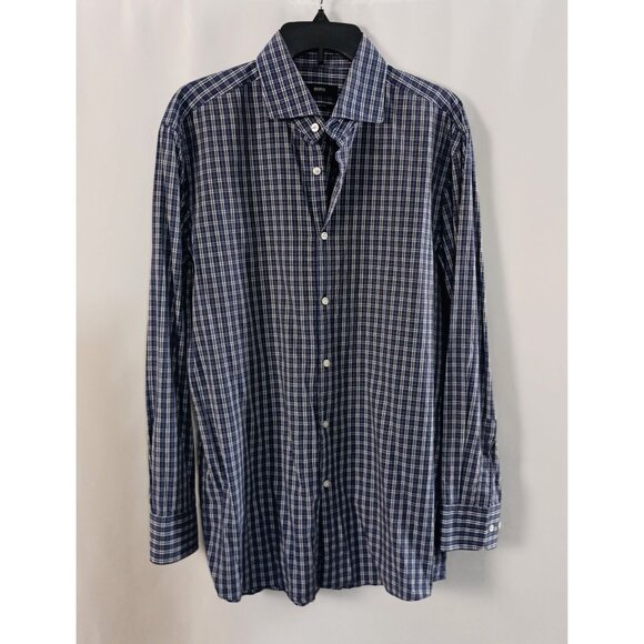 BOSS Hugo Boss Sharp Fit Blue Plaid Shirt Men 16.5 32/33 Long Sleeve Dress - Picture 1 of 8